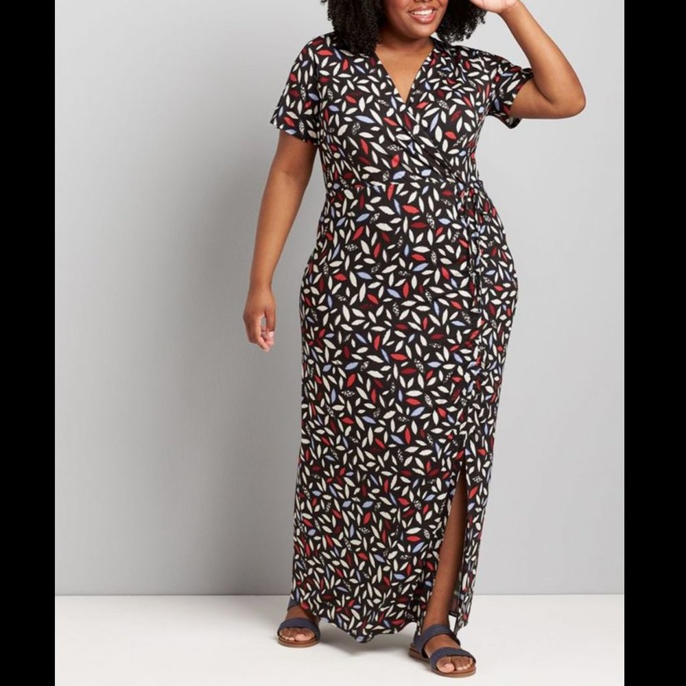 LANE BRYANT BLACK MULTI CROSSOVER SIDE-DRAWSTRING MAXI DRESS